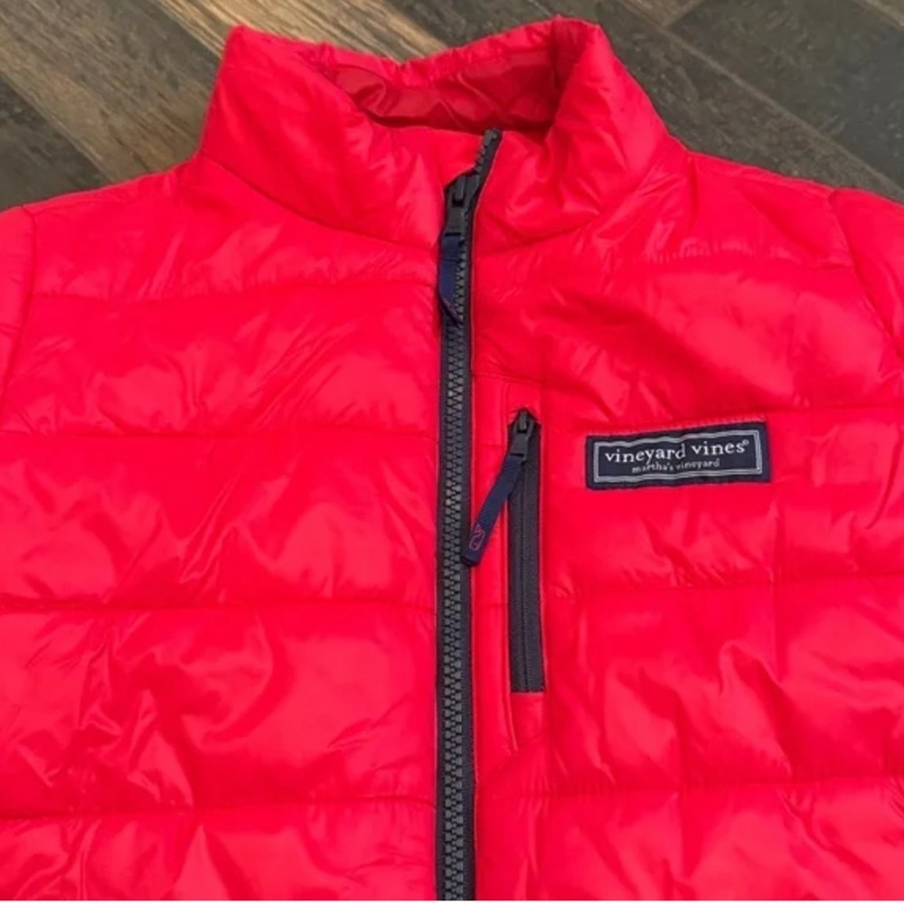 Vineyard Vines Kids Bright Red Puffer Jacket With Blue Accents